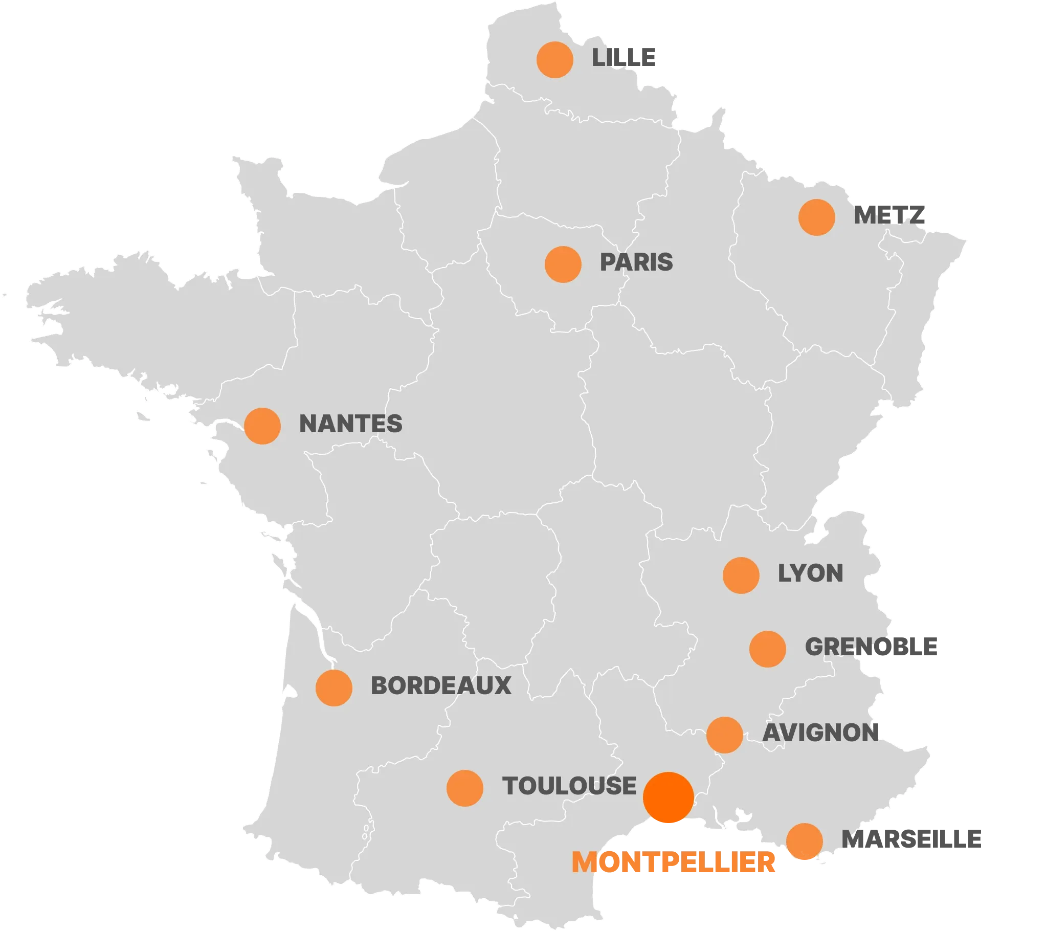 Carte de France indiquant l'implantation de SODEVA à Montpellier et sa couverture nationale à distance